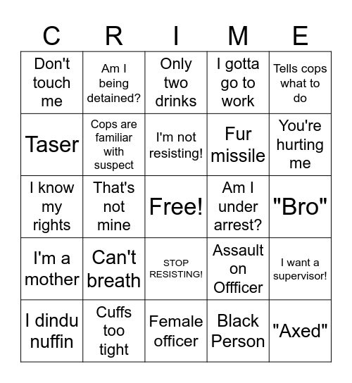 Ghetto Crime Bingo Card