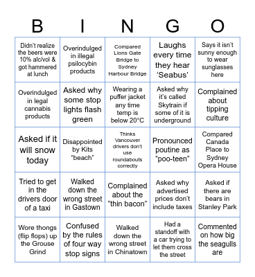 Australians visiting Vancouver in summer Bingo Card