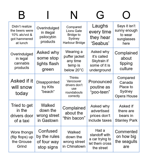 Australians visiting Vancouver in summer Bingo Card