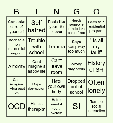 personal bingo card to check off when i get better Bingo Card