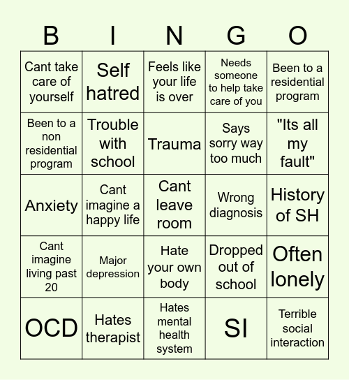 personal bingo card to check off when i get better Bingo Card