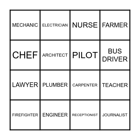 OCCUPATIONS Bingo Card