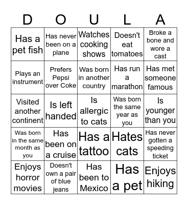 June 2016 Doula Project Ice Breaker Bingo Card