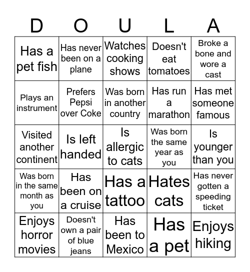 June 2016 Doula Project Ice Breaker Bingo Card