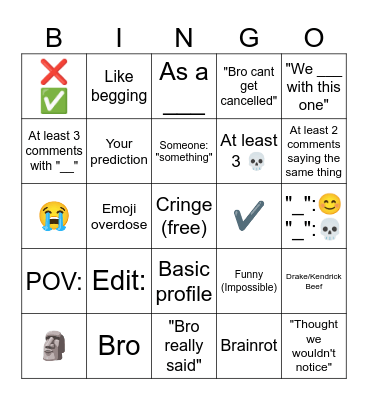 YouTube Shorts Comments Bingo Card