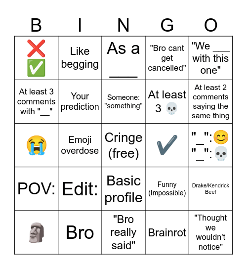 YouTube Shorts Comments Bingo Card