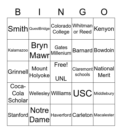 College Bingo Card