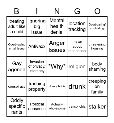 Insane parents Bingo Card