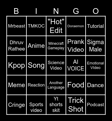 YouTube shorts Bingo Card