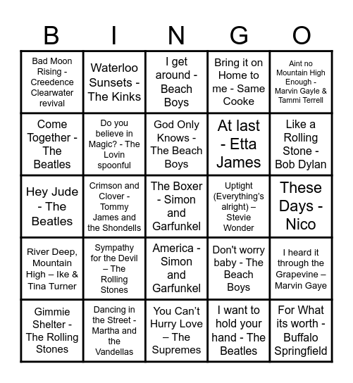 60's Music Bingp Bingo Card