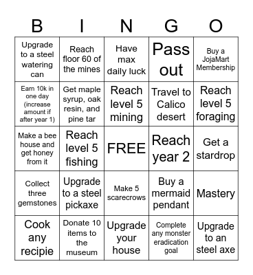 Stardew Valley Challenge Bingo Card