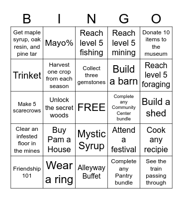 Stardew Valley Challenge Bingo Card