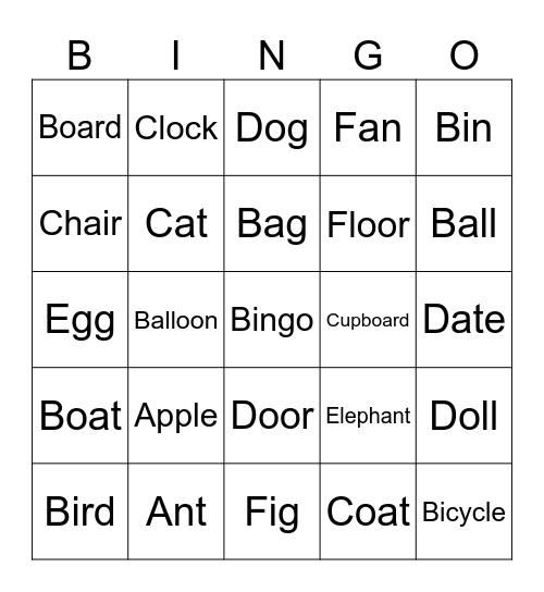 Letters A - F Bingo Card