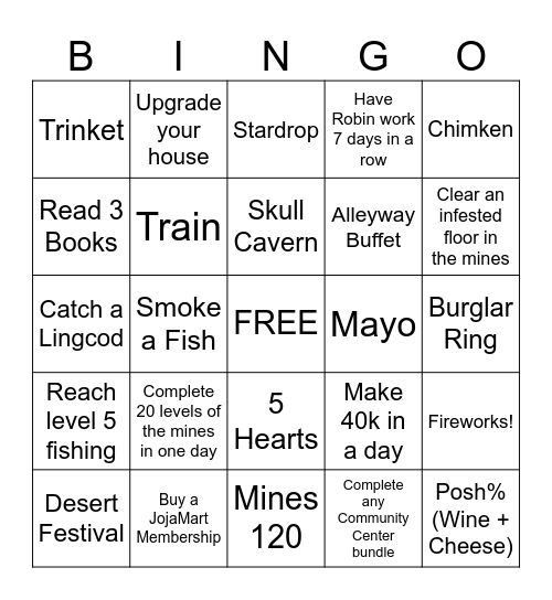 Stardew Valley Viewers Bingo Card