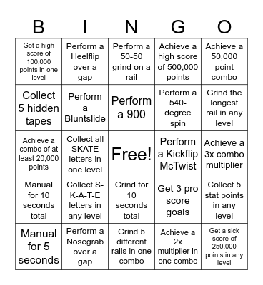Bingo Speedrun | Tony Hawks 1 + 2 Bingo Card