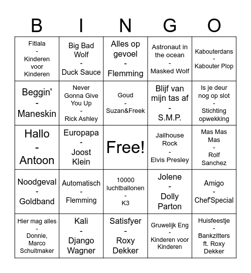 Afscheidsavond muziek BINGO Card