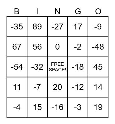 INTEGERS Bingo Card
