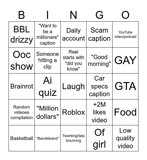 Instagram reels bingo Card