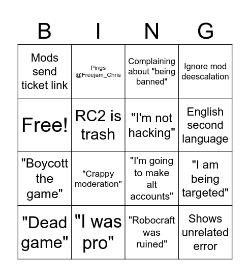 Robocraft Server Complainer Bingo Card