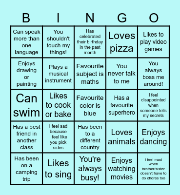 Our new class bingo card Bingo Card