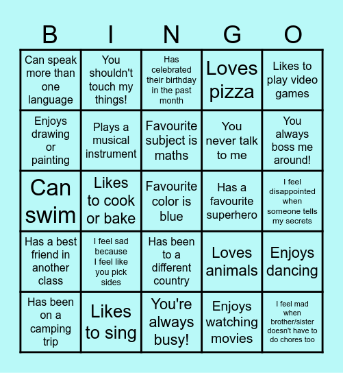 Our new class bingo card Bingo Card