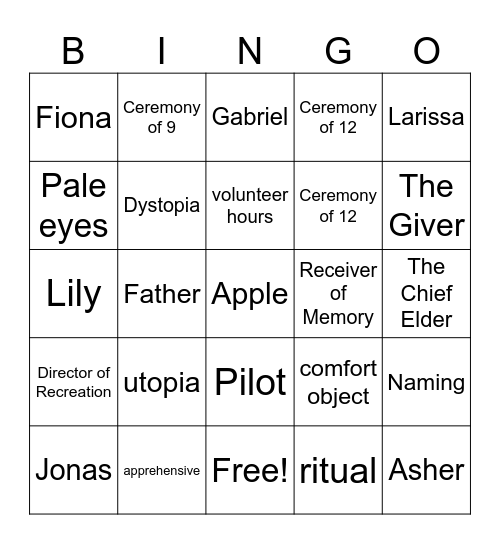 The Giver Bingo Card