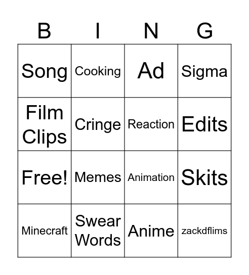 Youtube Shorts Bingo Card