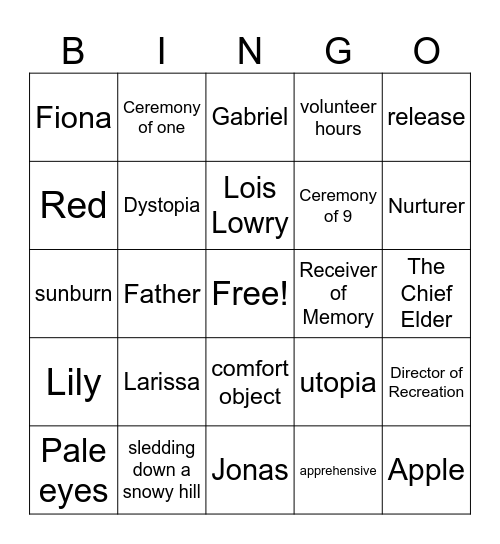 The Giver Bingo Card