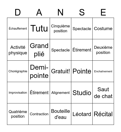 Le grand bingo de la danse! Bingo Card