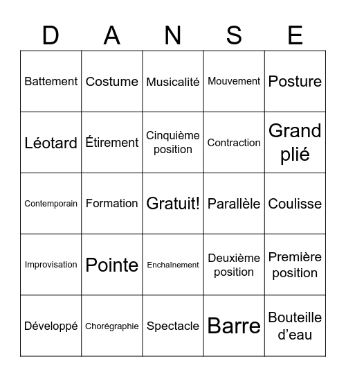 Le grand bingo de la danse! Bingo Card