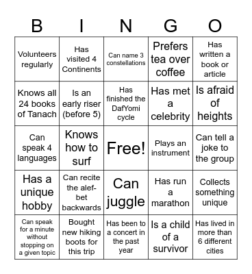 KOA Human Bingo Card