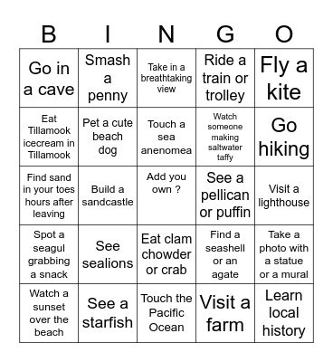 Oregon Beach Memories Bingo Card