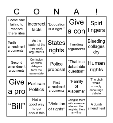 A  cona bingo card Bingo Card
