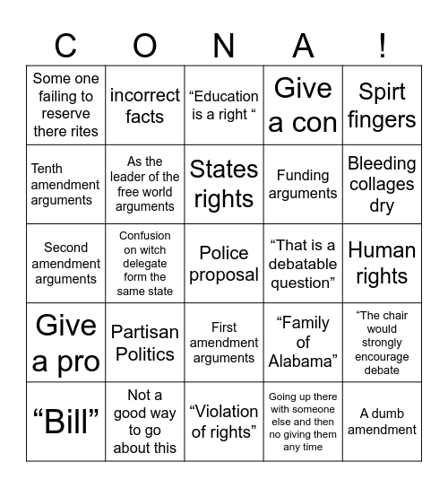 A  cona bingo card Bingo Card