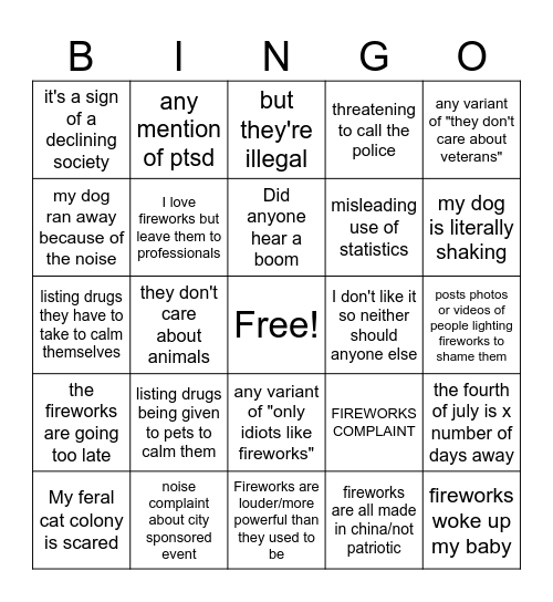 Nextdoor fireworks bingo Card