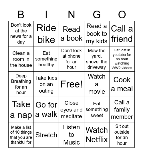 Self Care Bingo Card