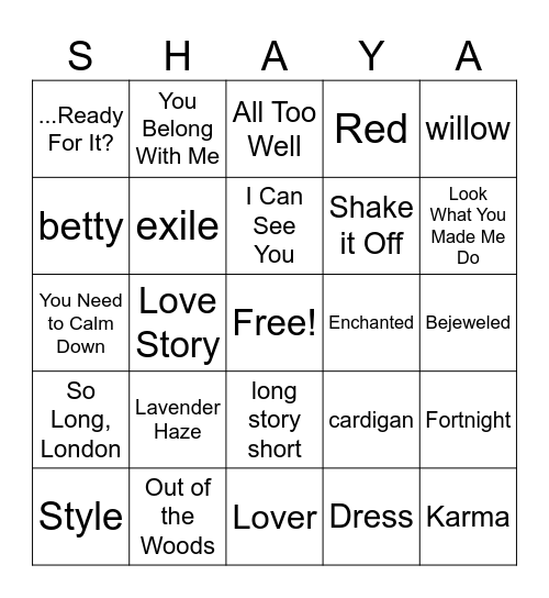 Taylor Swift songs you hear Bingo Card