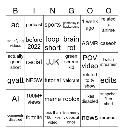 yt bingo Card