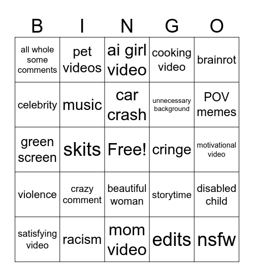 Instagram reels bingo Card