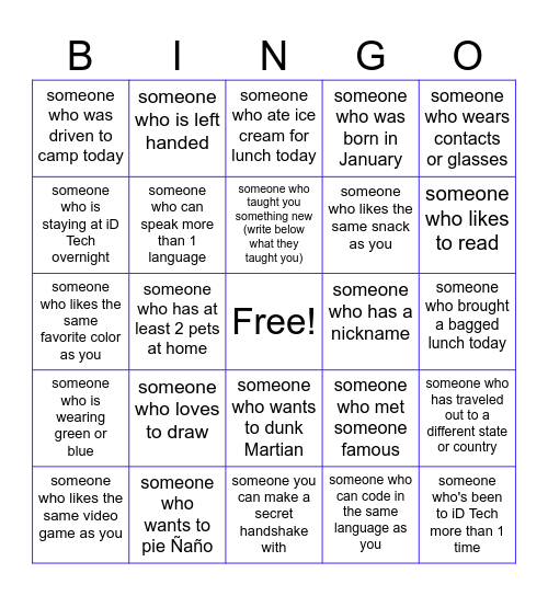 iD Tech Human Bingo Card