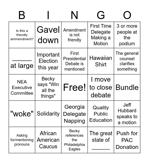 NEA RA - Philly 2024 Bingo Card