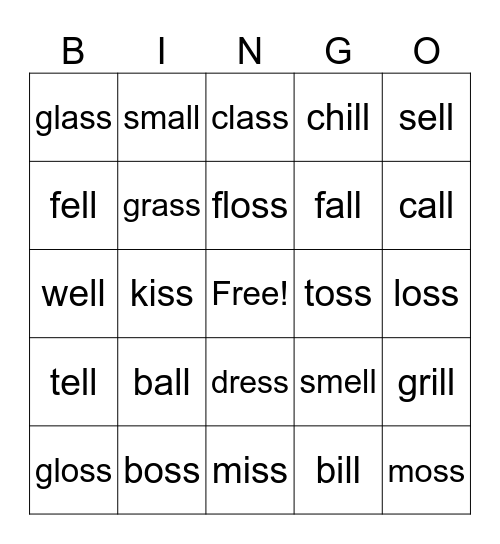 LL and SS Words Bingo Card