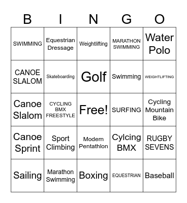 SUMMER OLYMPIC SPORTS BINGO Card