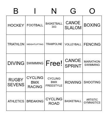 SUMMER OLYMPIC SPORTS BINGO Card