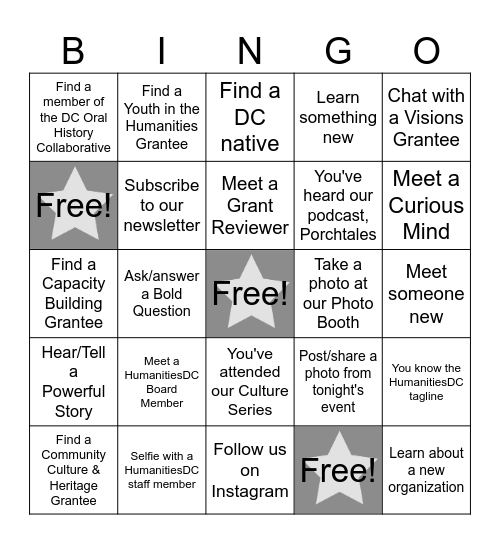 HumanitiesDC Summer Open House Bingo Card