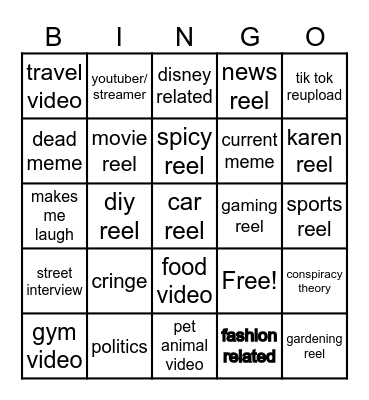 Instagram reel bingo Card