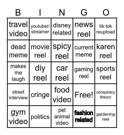 Instagram reel bingo Card