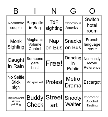 France Trip Bingo Card