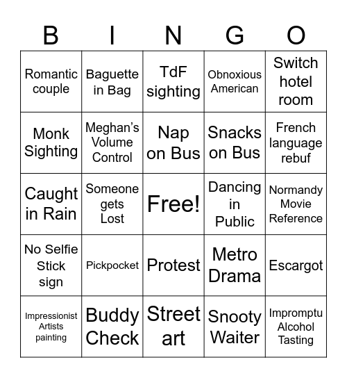 France Trip Bingo Card