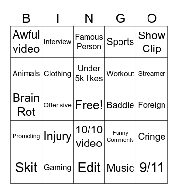 Instagram Reels Bingo Card